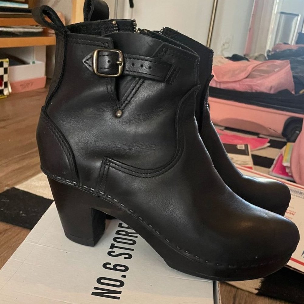 NO. 6 Black Leather Clog Ankle Boots Wooden Platform Heel on Black Base 40